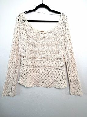 Free People Cream Open-Knit Scoop Neck Sweater Size Large Boho Festival